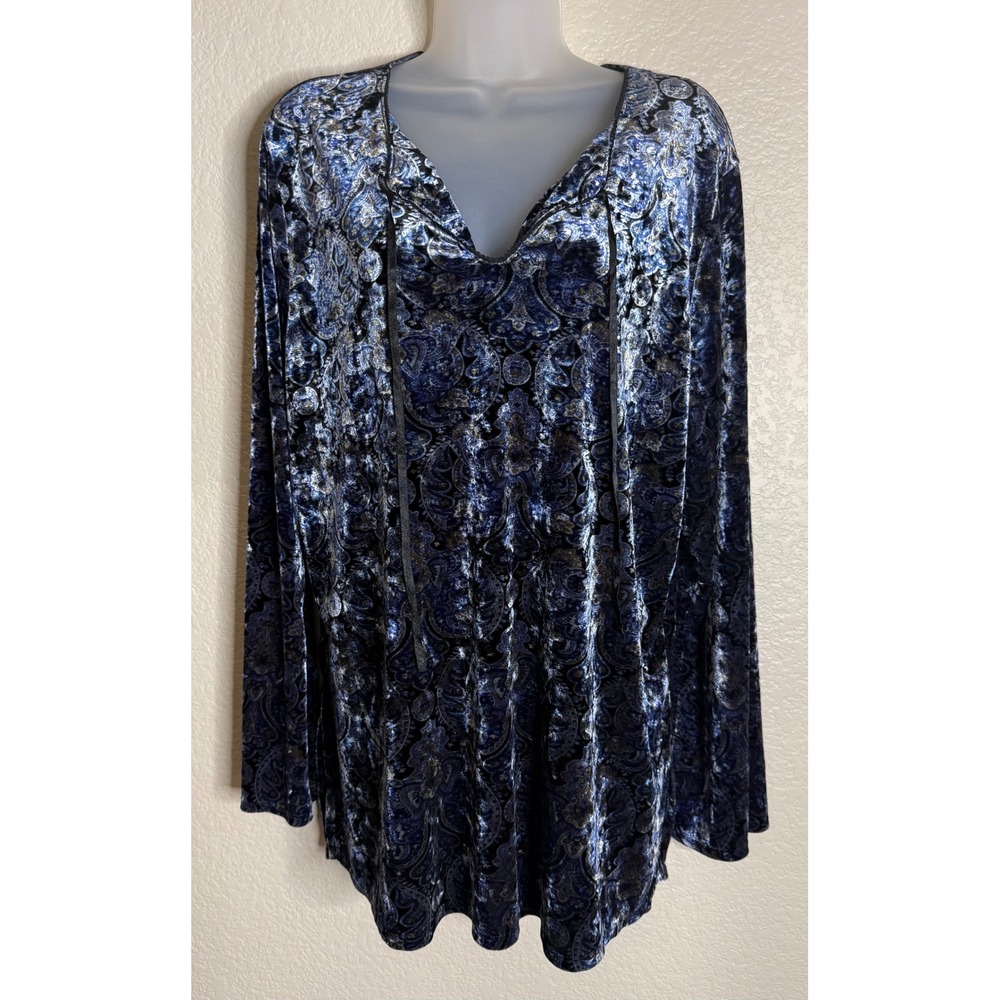 Venezia Womens 18/20 Tunic Top Blue Paisley Crushed Velvet Bell Sleeve V Neck
